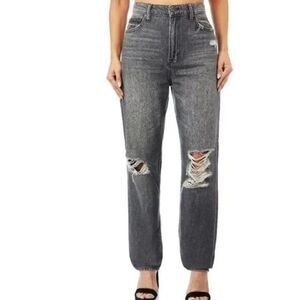 Hidden Womens Distressed High-Waisted Straight-Leg Jeans Gray Size 27 100% Cotto